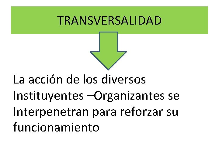 TRANSVERSALIDAD La acción de los diversos Instituyentes –Organizantes se Interpenetran para reforzar su funcionamiento