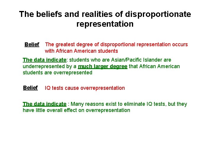 The beliefs and realities of disproportionate representation Belief The greatest degree of disproportional representation