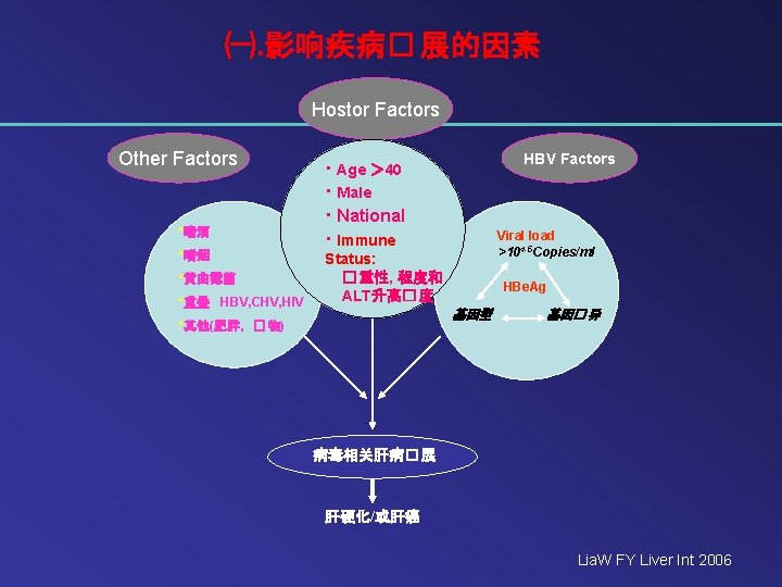 ㈠. 影响疾病� 展的因素 Hostor Factors Other Factors ·嗜酒 ·嗜烟 ·黄曲霉菌 ·重叠 HBV, CHV, HIV