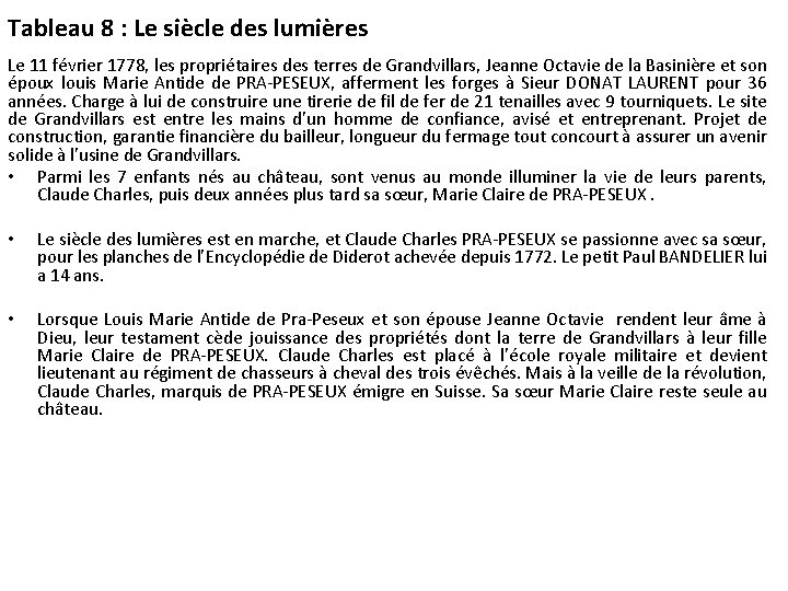 Tableau 8 : Le siècle des lumières Le 11 février 1778, les propriétaires des