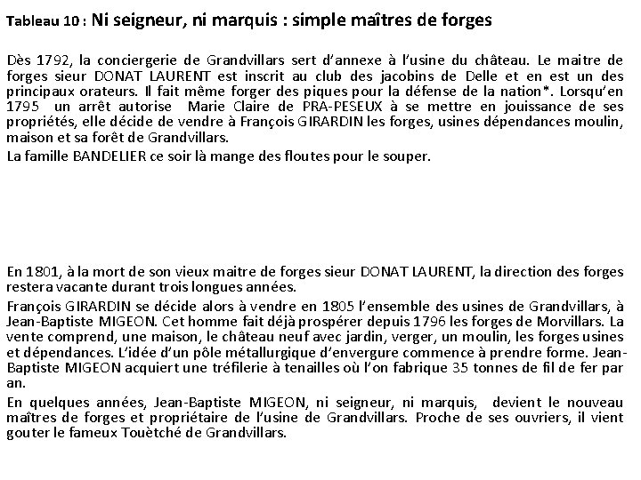 Tableau 10 : Ni seigneur, ni marquis : simple maîtres de forges Dès 1792,