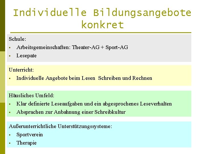 Individuelle Bildungsangebote konkret Schule: § Arbeitsgemeinschaften: Theater-AG + Sport-AG § Lesepate Unterricht: § Individuelle