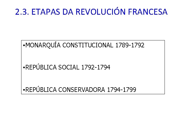 2. 3. ETAPAS DA REVOLUCIÓN FRANCESA • MONARQUÍA CONSTITUCIONAL 1789 -1792 • REPÚBLICA SOCIAL