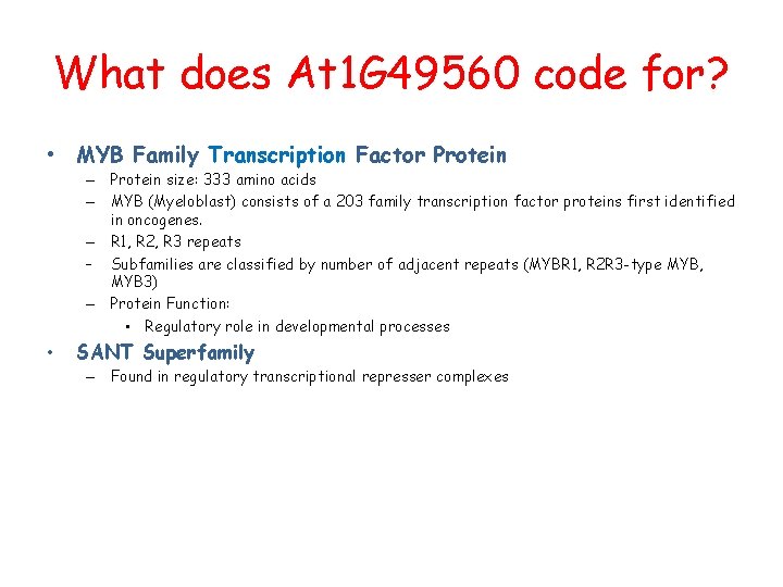 What does At 1 G 49560 code for? • MYB Family Transcription Factor Protein