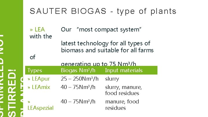 SAUTER BIOGAS - type of plants PRINKLED NOT TIRRED! LANTS » LEA with the