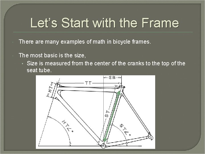 Let’s Start with the Frame There are many examples of math in bicycle frames. Let’s Start with the Frame There are many examples of math in bicycle frames.