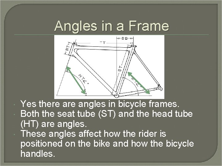 Angles in a Frame Yes there angles in bicycle frames. Both the seat tube Angles in a Frame Yes there angles in bicycle frames. Both the seat tube