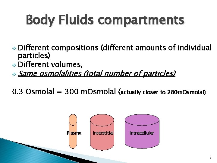 Body Fluids compartments Different compositions (different amounts of individual particles) v Different volumes, v