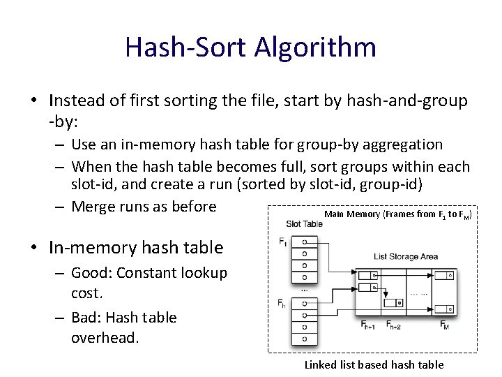 Hash-Sort Algorithm • Instead of first sorting the file, start by hash-and-group -by: –