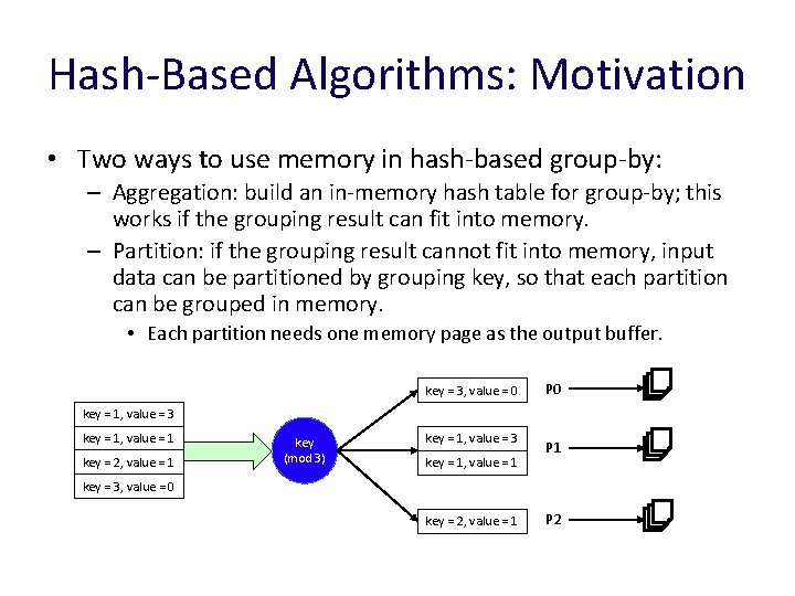 Hash-Based Algorithms: Motivation • Two ways to use memory in hash-based group-by: – Aggregation: