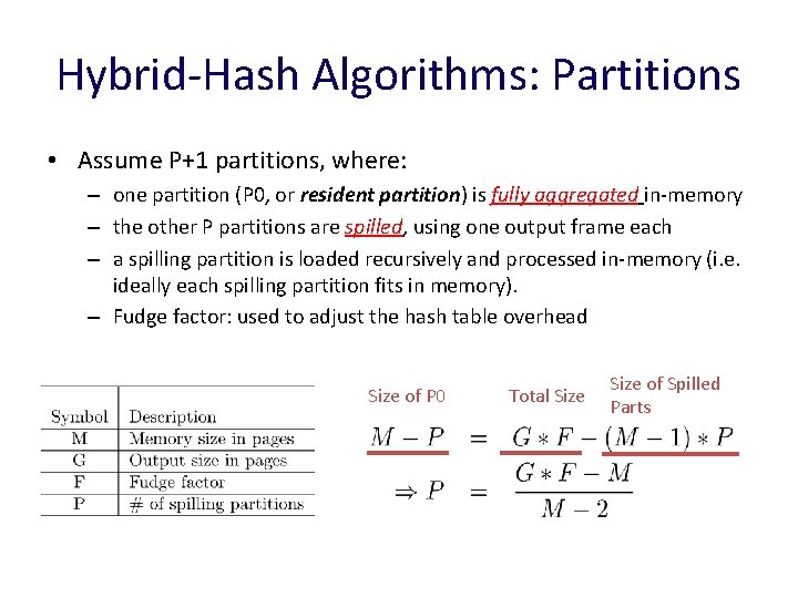 Hybrid-Hash Algorithms: Partitions • Assume P+1 partitions, where: – one partition (P 0, or