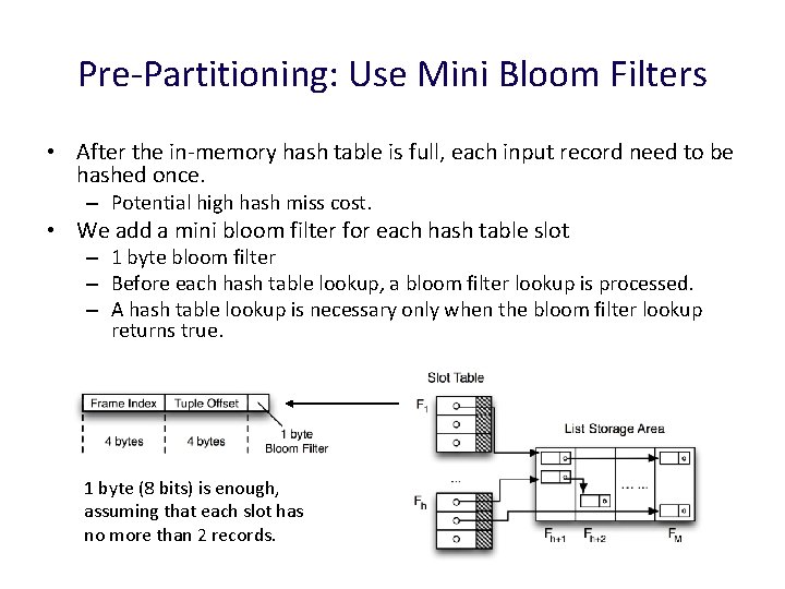 Pre-Partitioning: Use Mini Bloom Filters • After the in-memory hash table is full, each