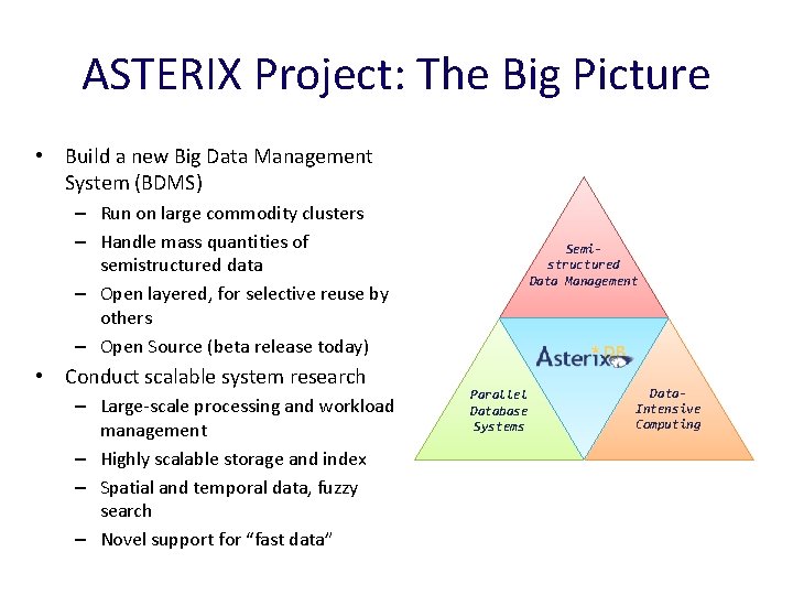ASTERIX Project: The Big Picture • Build a new Big Data Management System (BDMS)
