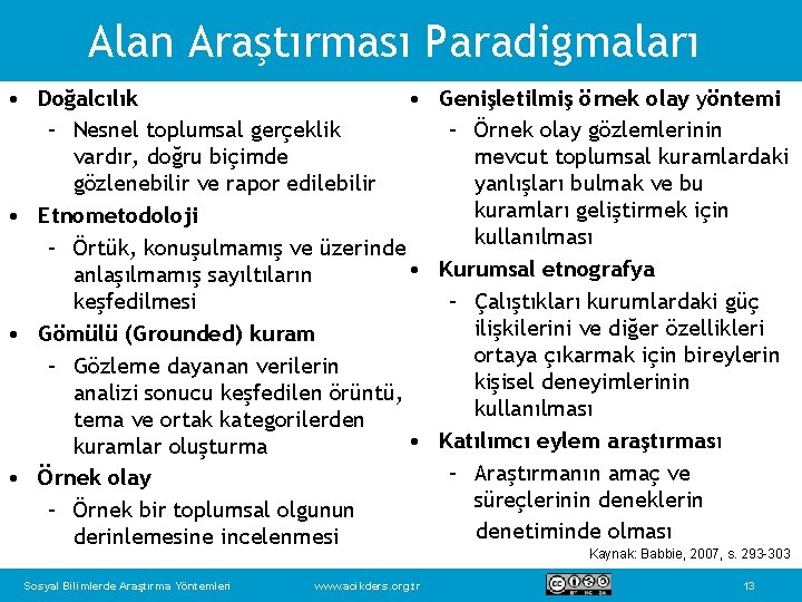 Alan Araştırması Paradigmaları • Doğalcılık • Genişletilmiş örnek olay yöntemi – Nesnel toplumsal gerçeklik