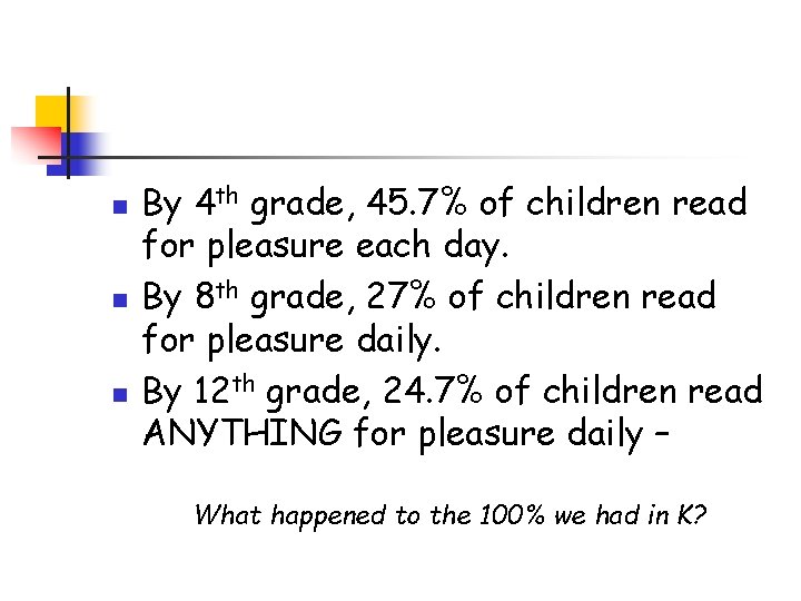 n n n By 4 th grade, 45. 7% of children read for pleasure