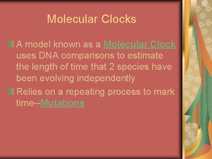 Molecular Clocks A model known as a Molecular Clock uses DNA comparisons to estimate