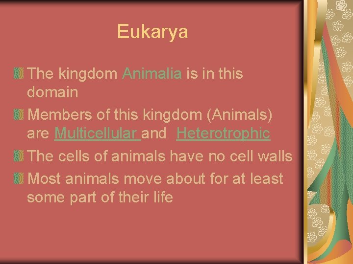 Eukarya The kingdom Animalia is in this domain Members of this kingdom (Animals) are