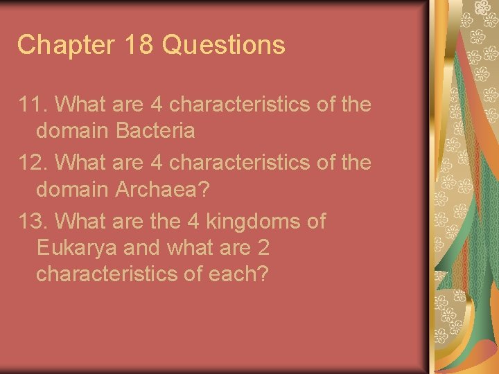 Chapter 18 Questions 11. What are 4 characteristics of the domain Bacteria 12. What