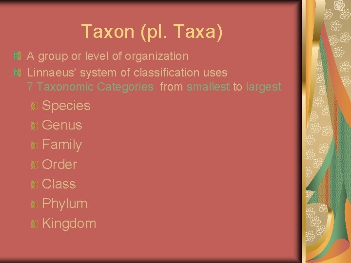 Taxon (pl. Taxa) A group or level of organization Linnaeus’ system of classification uses