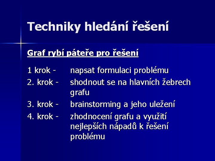 Techniky hledání řešení Graf rybí páteře pro řešení 1 krok - 2. krok -