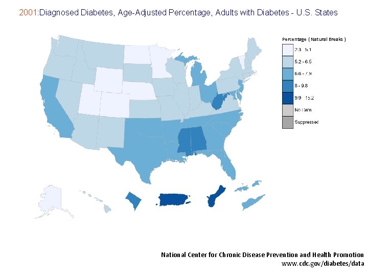 2001: Diagnosed Diabetes, Age-Adjusted Percentage, Adults with Diabetes - U. S. States Percentage (