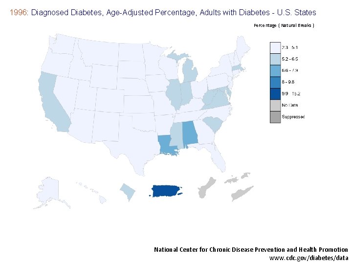 1996: Diagnosed Diabetes, Age-Adjusted Percentage, Adults with Diabetes - U. S. States Percentage (