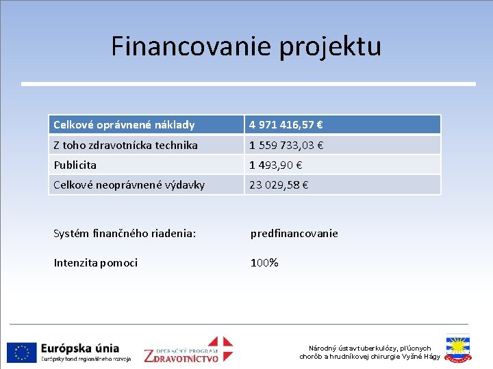 Financovanie projektu Celkové oprávnené náklady 4 971 416, 57 € Z toho zdravotnícka technika