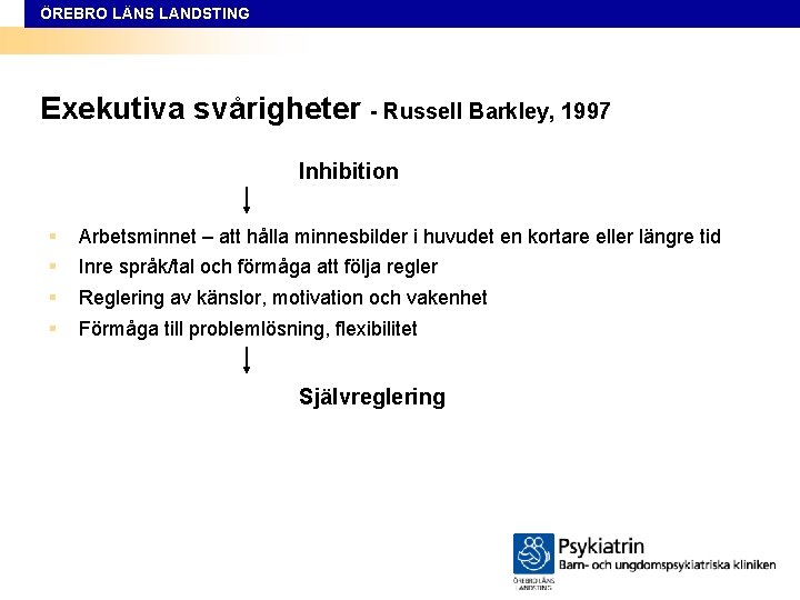 ÖREBRO LÄNS LANDSTING Exekutiva svårigheter - Russell Barkley, 1997 Inhibition § § Arbetsminnet –