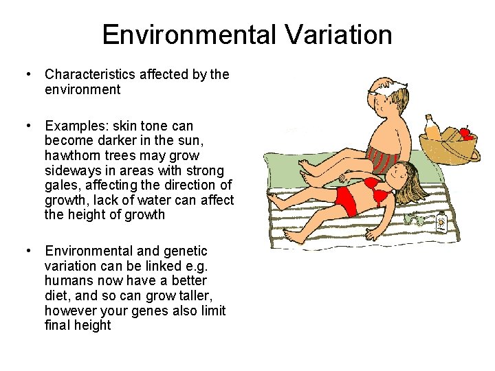 Environmental Variation • Characteristics affected by the environment • Examples: skin tone can become