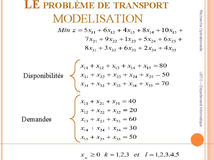 Demandes USTO – Département Informatique Disponibilités Recherche Opérationnelle LE PROBLÈME DE TRANSPORT MODELISATION 