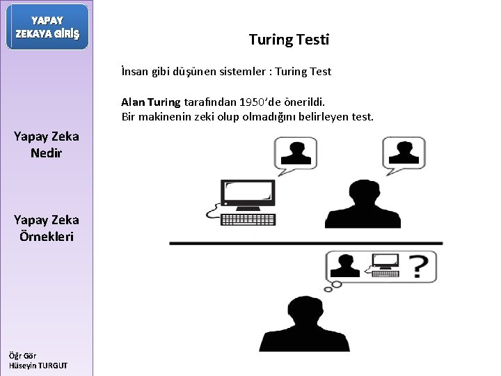 YAPAY ZEKAYA GİRİŞ Turing Testi İnsan gibi düşünen sistemler : Turing Test Alan Turing