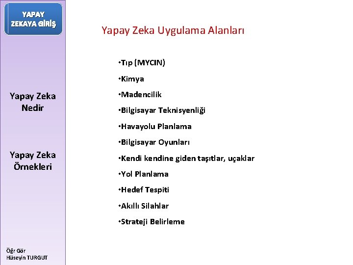 YAPAY ZEKAYA GİRİŞ Yapay Zeka Uygulama Alanları • Tıp (MYCIN) • Kimya Yapay Zeka