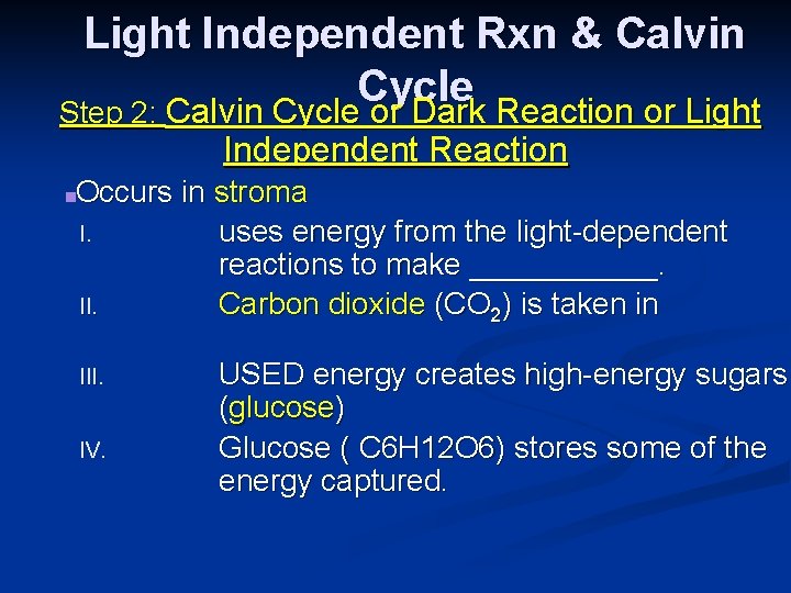 Light Independent Rxn & Calvin Cycle Step 2: Calvin Cycle or Dark Reaction or