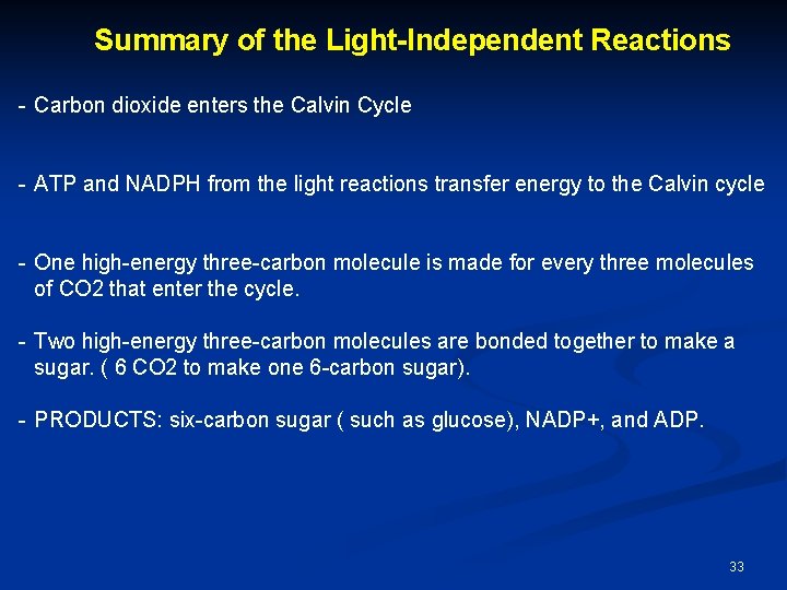 Summary of the Light-Independent Reactions - Carbon dioxide enters the Calvin Cycle - ATP