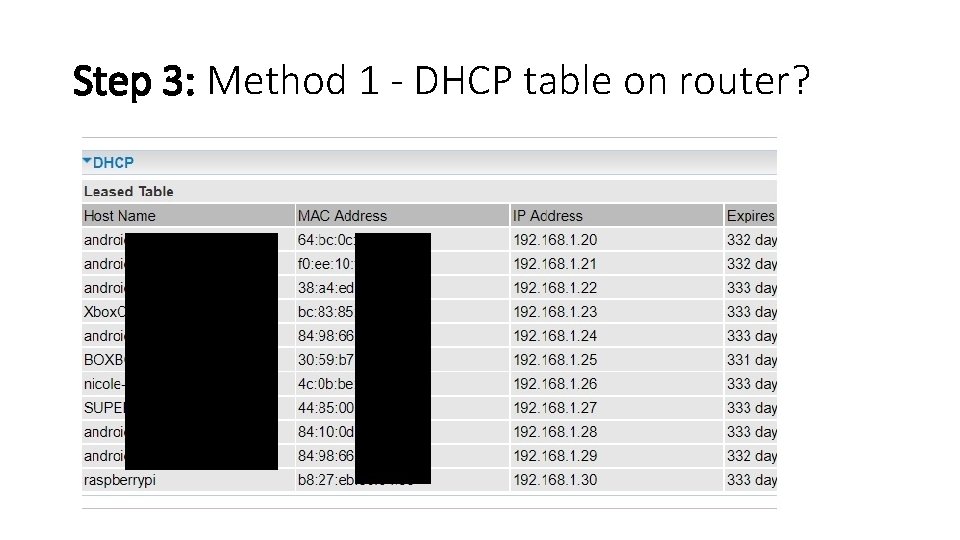 Step 3: Method 1 - DHCP table on router? 