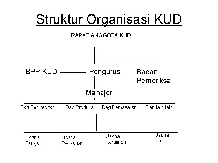 Struktur Organisasi KUD RAPAT ANGGOTA KUD BPP KUD Pengurus Badan Pemeriksa Manajer Bag. Perkreditan