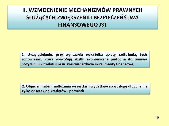 II. WZMOCNIENIE MECHANIZMÓW PRAWNYCH SŁUŻĄCYCH ZWIĘKSZENIU BEZPIECZEŃSTWA FINANSOWEGO JST 1. Uwzględnienie, przy wyliczaniu wskaźnika
