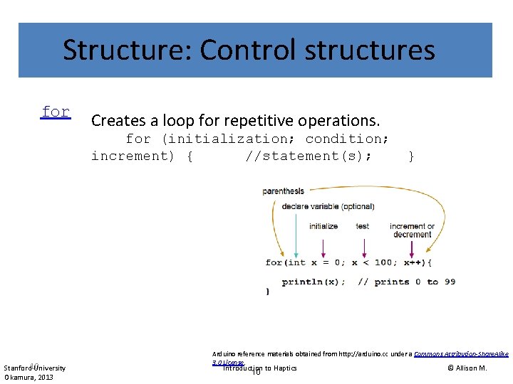 Structure: Control structures for Creates a loop for repetitive operations. for (initialization; condition; increment) Structure: Control structures for Creates a loop for repetitive operations. for (initialization; condition; increment)
