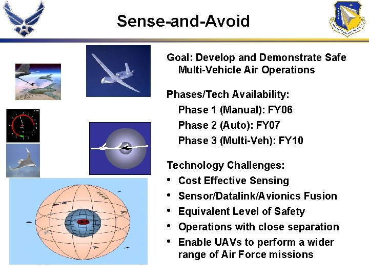 Sense-and-Avoid Goal: Develop and Demonstrate Safe Multi-Vehicle Air Operations Phases/Tech Availability: Phase 1 (Manual):