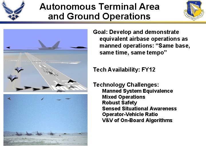 Autonomous Terminal Area and Ground Operations Goal: Develop and demonstrate equivalent airbase operations as