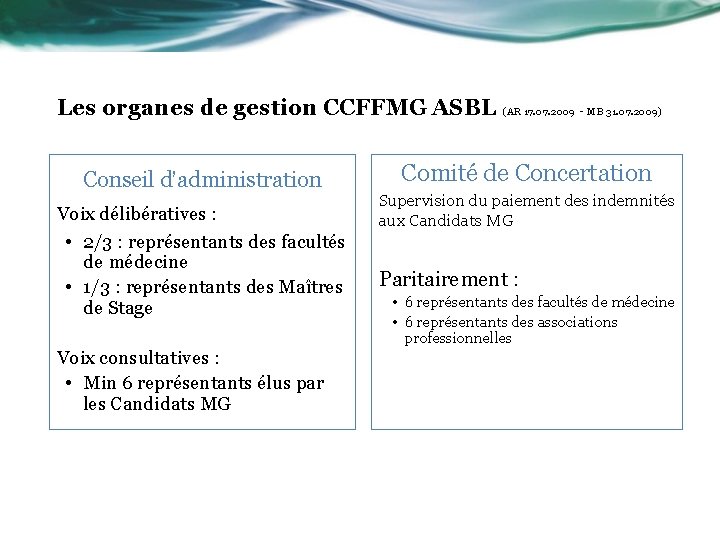 Les organes de gestion CCFFMG ASBL (AR 17. 07. 2009 - MB 31. 07.