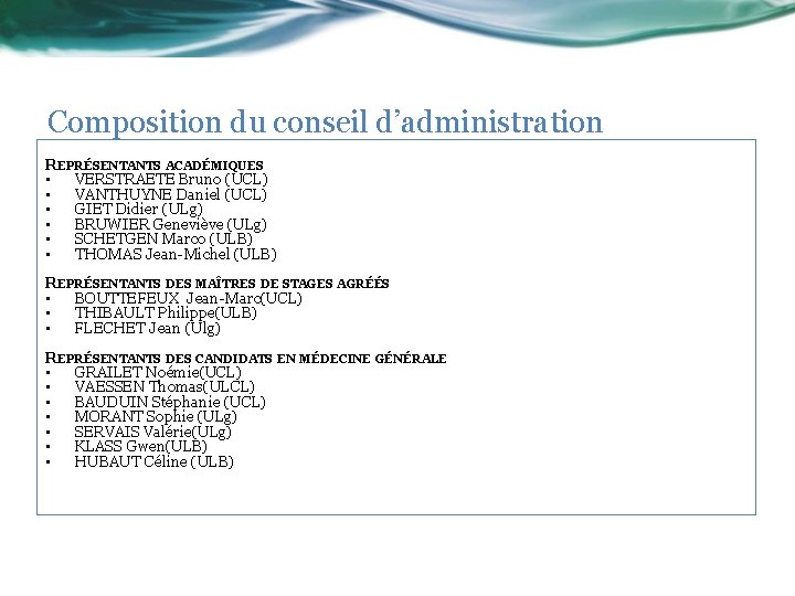 Composition du conseil d’administration REPRÉSENTANTS ACADÉMIQUES • VERSTRAETE Bruno (UCL) • VANTHUYNE Daniel (UCL)