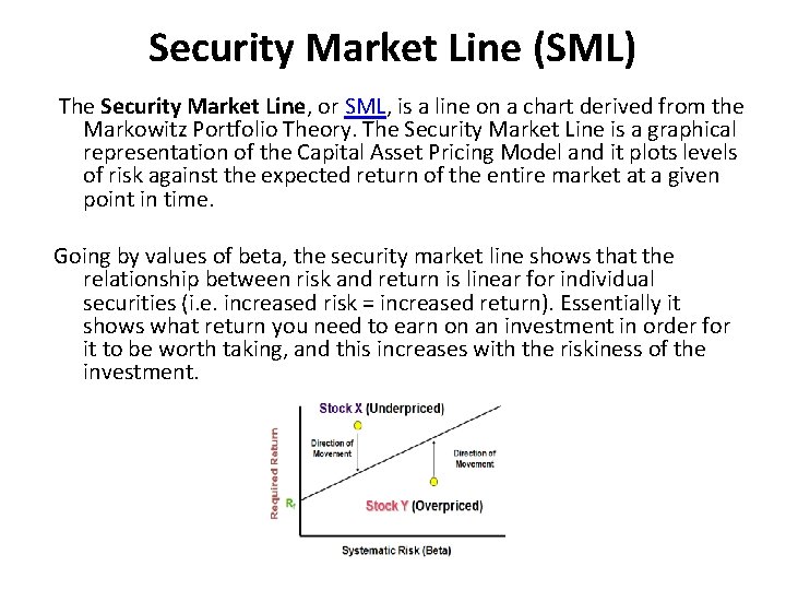 Security Market Line (SML) The Security Market Line, or SML, is a line on