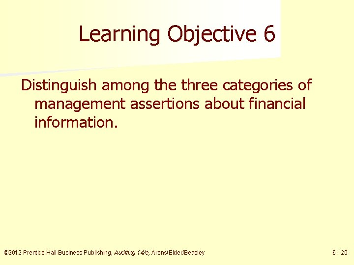 Learning Objective 6 Distinguish among the three categories of management assertions about financial information.