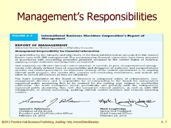 Management’s Responsibilities © 2012 Prentice Hall Business Publishing, Auditing 14/e, Arens/Elder/Beasley 6 -7 