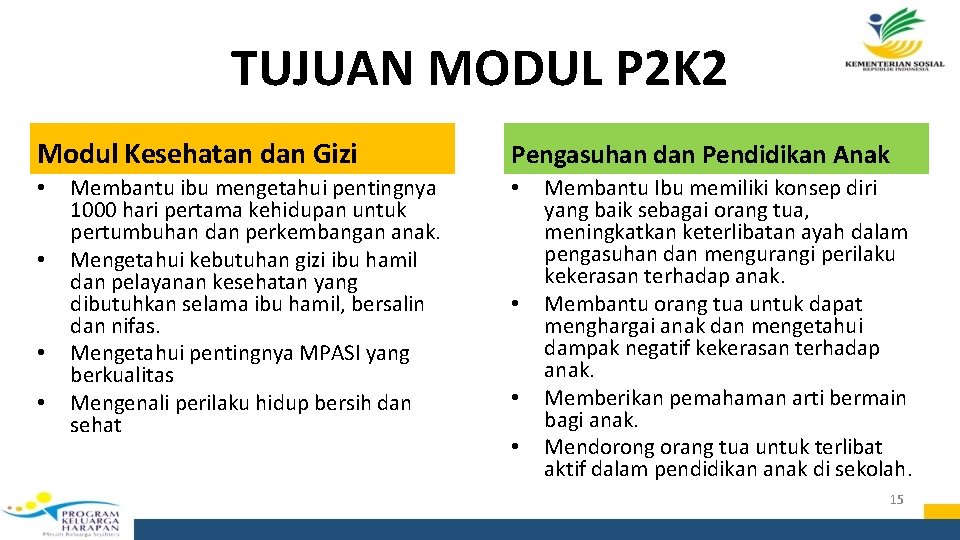 TUJUAN MODUL P 2 K 2 Modul Kesehatan dan Gizi • • Membantu ibu