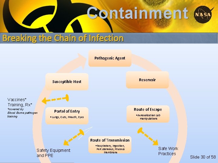 Containment Breaking the Chain of Infection Pathogenic Agent Susceptible Host Reservoir Portal of Entry