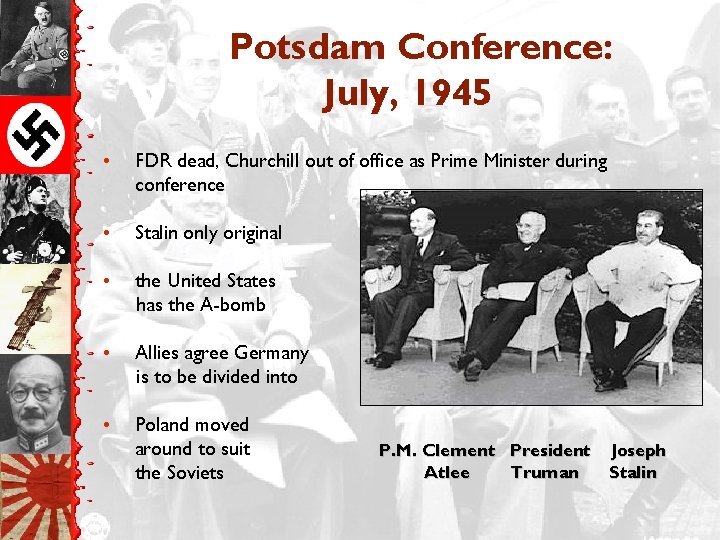 Potsdam Conference: July, 1945 • FDR dead, Churchill out of office as Prime Minister