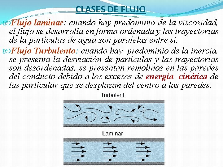 CLASES DE FLUJO Flujo laminar: laminar cuando hay predominio de la viscosidad, el flujo