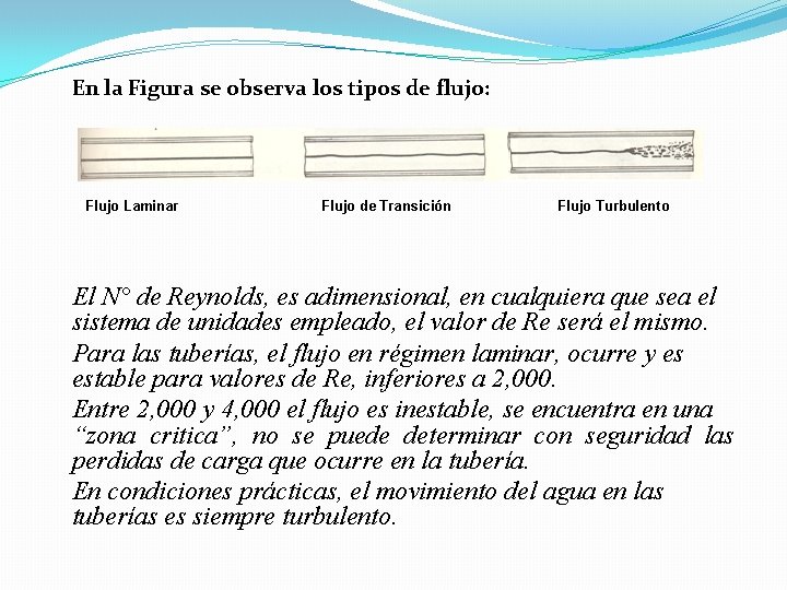 En la Figura se observa los tipos de flujo: Flujo Laminar Flujo de Transición